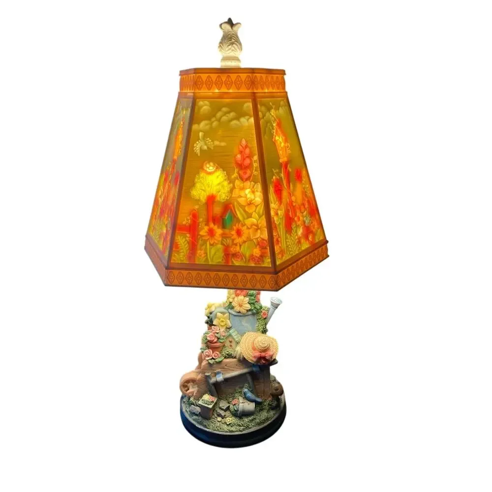 VTG Etched Molded Plastic/ Celluloid Shade Lamp - Garden Scene Base-Works